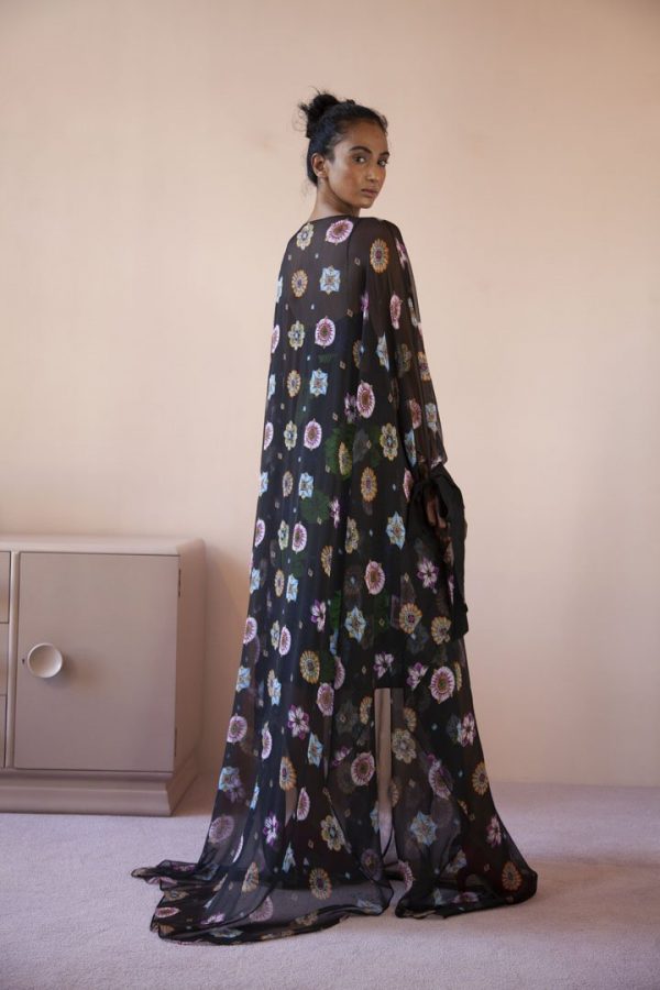Circle cape kaftan, worn over side bow dress