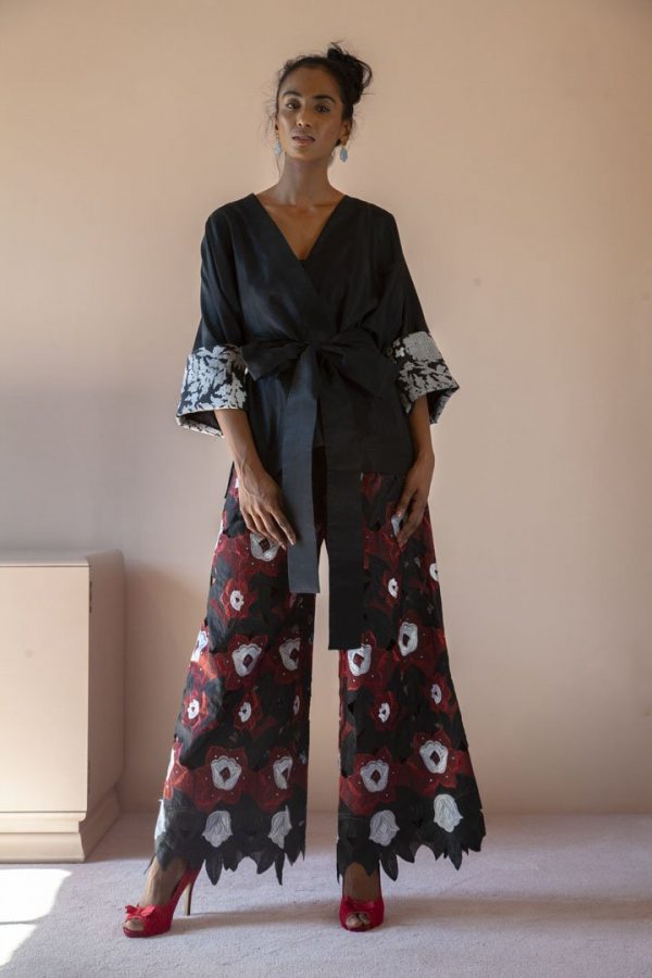 Kimono worn with box pleat pants