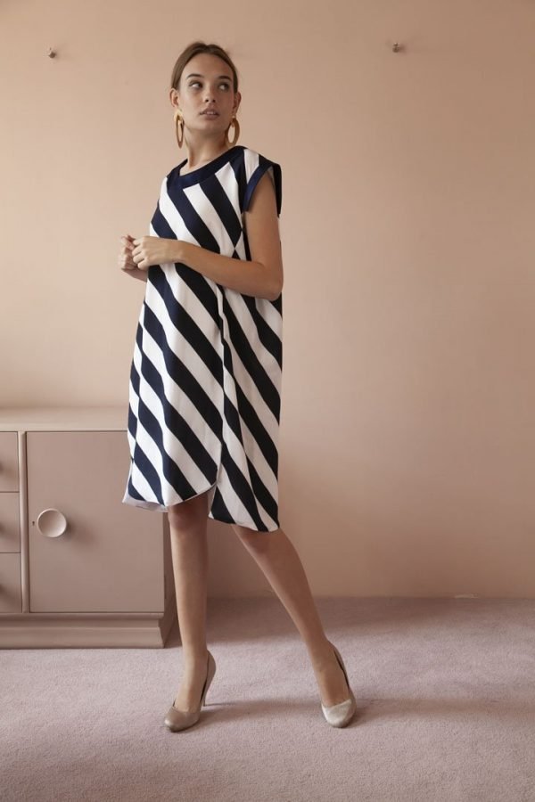 Blue and White Striped Crepe Emily Sande Dress