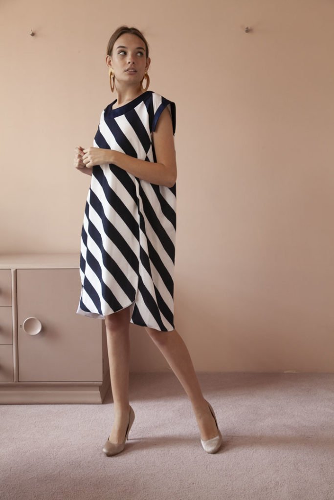 Blue and White Striped Crepe Emily Sande Dress - KLuK CGDT